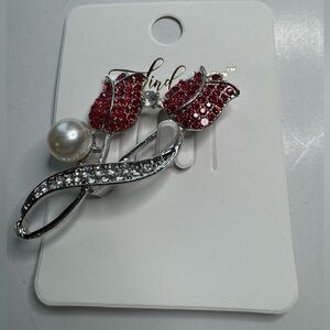 New Rhinestone Double tulip brooch- silver